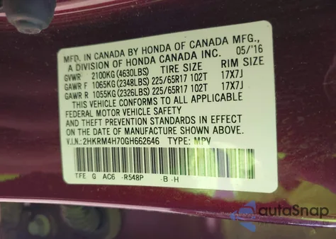 2016 Honda Cr-V Ex-L from USA, damaged, VIN 2HKRM4H70GH662646